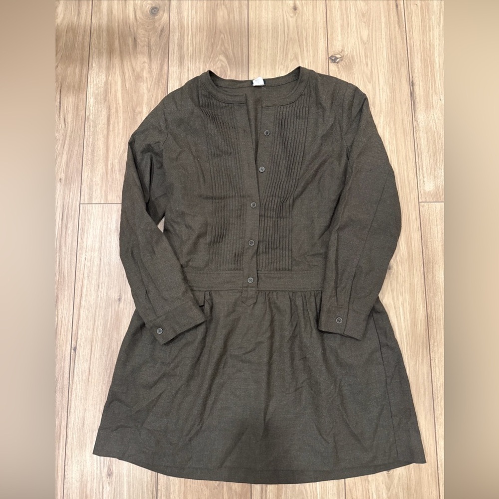 J.Crew Women Sz 12 Wool Dress Pin Tuck Olive Pleated Drop Waist Cottage Prairie